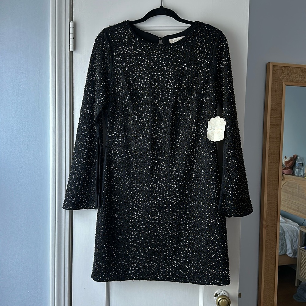 NWT Altar’D State Black Beaded Mini Dress w/ Split Flair Sleeves (Kelvie) Medium